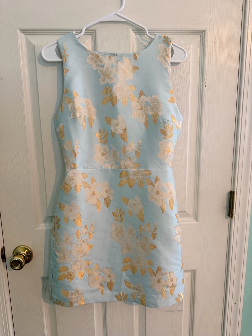 B.Right Light Blue Floral Brocade Dress